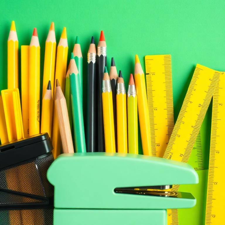 Pens pencils rulers and stapler